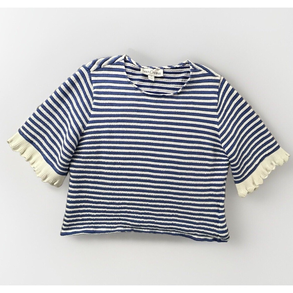Sara Campbell Knit Top Womens XL Blue White Striped Scalloped Ruffle Texture
